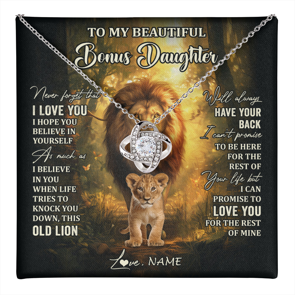 Love Knot Necklace 14K White Gold Finish | 1 | Personalized To My Bonus Daughter Lion Necklace From Stepdad Never Forget That I Love You Stepdaughter Birthday Christmas Customized Gift Box Message Card | teecentury