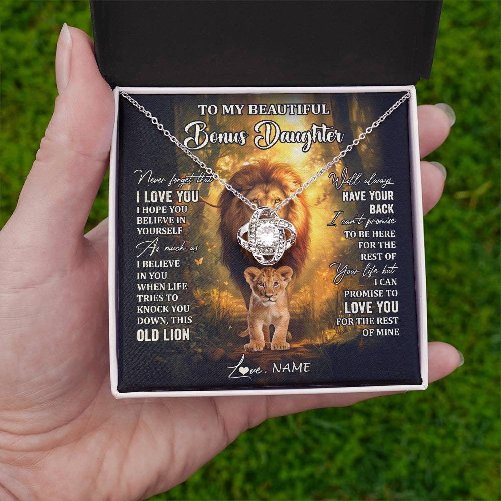 Love Knot Necklace 14K White Gold Finish | 2 | Personalized To My Bonus Daughter Lion Necklace From Stepdad Never Forget That I Love You Stepdaughter Birthday Christmas Customized Gift Box Message Card | teecentury
