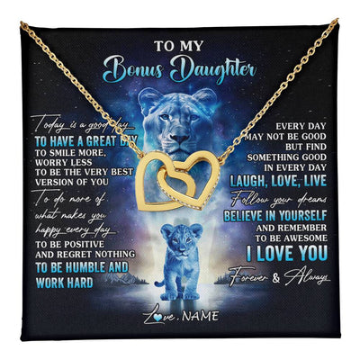 Interlocking Hearts Necklace 18K Yellow Gold Finish | 1 | Personalized To My Bonus Daughter Lion Necklace From Stepmom Every Day Laugh Love Live Stepdaughter Birthday Christmas Customized Gift Box Message Card | teecentury