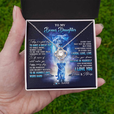 Love Knot Necklace 14K White Gold Finish | 2 | Personalized To My Bonus Daughter Lion Necklace From Stepmom Every Day Laugh Love Live Stepdaughter Birthday Christmas Customized Gift Box Message Card | teecentury