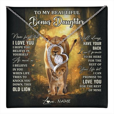 Forever Love Necklace 14K White Gold Finish | 1 | Personalized To My Bonus Daughter Lion Necklace From Stepmom Never Forget That I Love You Stepdaughter Birthday Christmas Customized Gift Box Message Card | teecentury