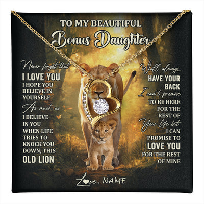 Forever Love Necklace 18K Yellow Gold Finish | 1 | Personalized To My Bonus Daughter Lion Necklace From Stepmom Never Forget That I Love You Stepdaughter Birthday Christmas Customized Gift Box Message Card | teecentury