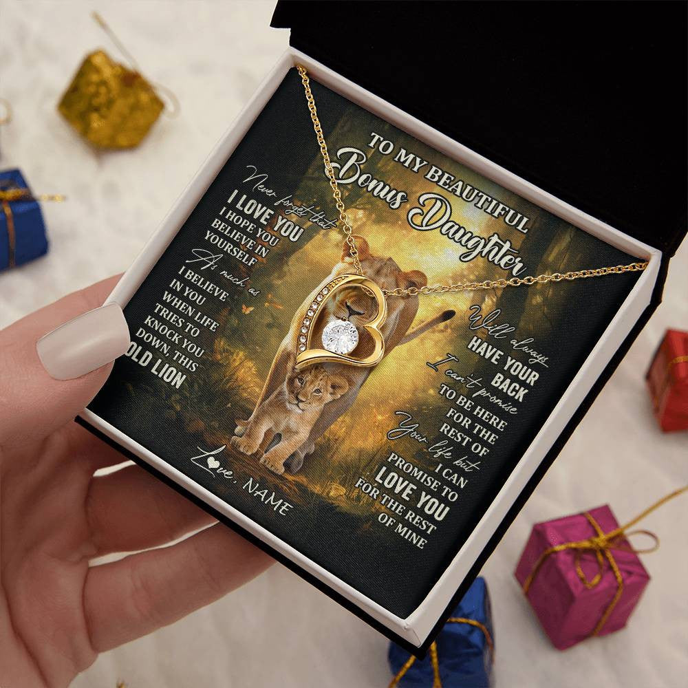 Forever Love Necklace 18K Yellow Gold Finish | 2 | Personalized To My Bonus Daughter Lion Necklace From Stepmom Never Forget That I Love You Stepdaughter Birthday Christmas Customized Gift Box Message Card | teecentury