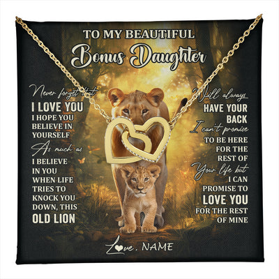 Interlocking Hearts Necklace 18K Yellow Gold Finish | 1 | Personalized To My Bonus Daughter Lion Necklace From Stepmom Never Forget That I Love You Stepdaughter Birthday Christmas Customized Gift Box Message Card | teecentury