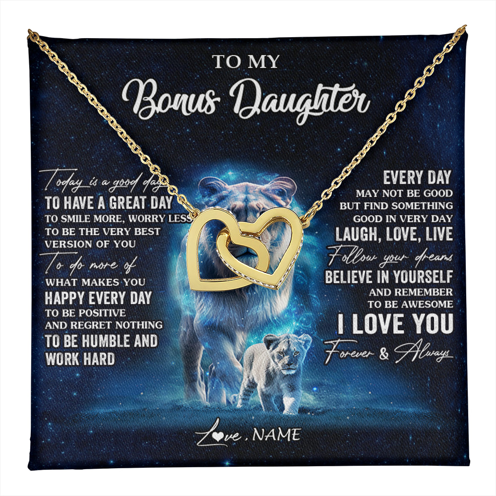 Interlocking Hearts Necklace 18K Yellow Gold Finish | 1 | Personalized To My Bonus Daughter Lion Necklace From Stepmom Today Is A Good Day Stepdaughter Gifts Birthday Jewelry Christmas Customized Gift Box Message Card | teecentury