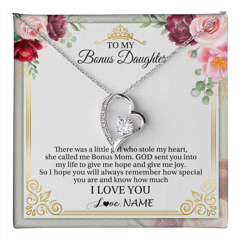 Forever Love Necklace 14K White Gold Finish | 1 | Personalized To My Bonus Daughter Necklace From Bonus Mom There Was A Little Girl Stepddaughter Birthday Jewelry Christmas Customized Gift Box Message Card | teecentury