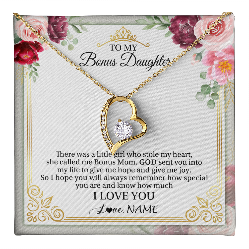 Forever Love Necklace 18K Yellow Gold Finish | 1 | Personalized To My Bonus Daughter Necklace From Bonus Mom There Was A Little Girl Stepddaughter Birthday Jewelry Christmas Customized Gift Box Message Card | teecentury