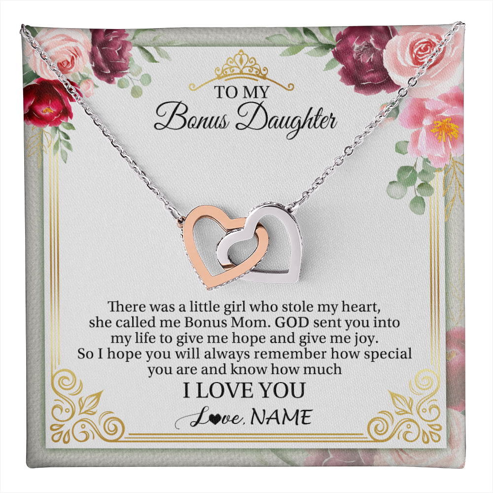 Interlocking Hearts Necklace Stainless Steel & Rose Gold Finish | 1 | Personalized To My Bonus Daughter Necklace From Bonus Mom There Was A Little Girl Stepddaughter Birthday Jewelry Christmas Customized Gift Box Message Card | teecentury