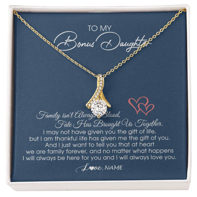 Alluring Beauty Necklace 18K Yellow Gold Finish | Personalized To My Bonus Daughter Necklace From Mom Dad We Are Family Forever Jewelry Step Daughter Pendant Birthday Christmas Customized Gift Box Message Card | teecentury