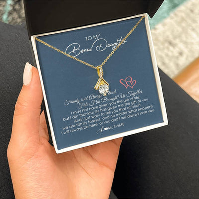 Alluring Beauty Necklace 18K Yellow Gold Finish | Personalized To My Bonus Daughter Necklace From Mom Dad We Are Family Forever Jewelry Step Daughter Pendant Birthday Christmas Customized Gift Box Message Card | teecentury