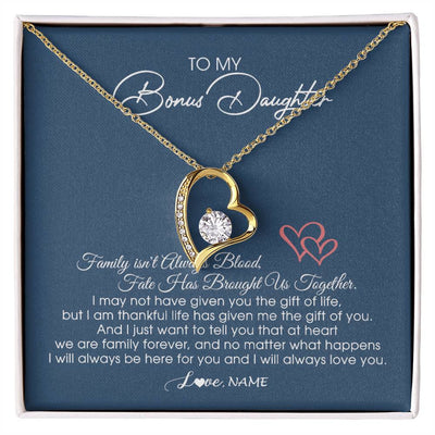 Forever Love Necklace 18K Yellow Gold Finish | Personalized To My Bonus Daughter Necklace From Mom Dad We Are Family Forever Jewelry Step Daughter Pendant Birthday Christmas Customized Gift Box Message Card | teecentury