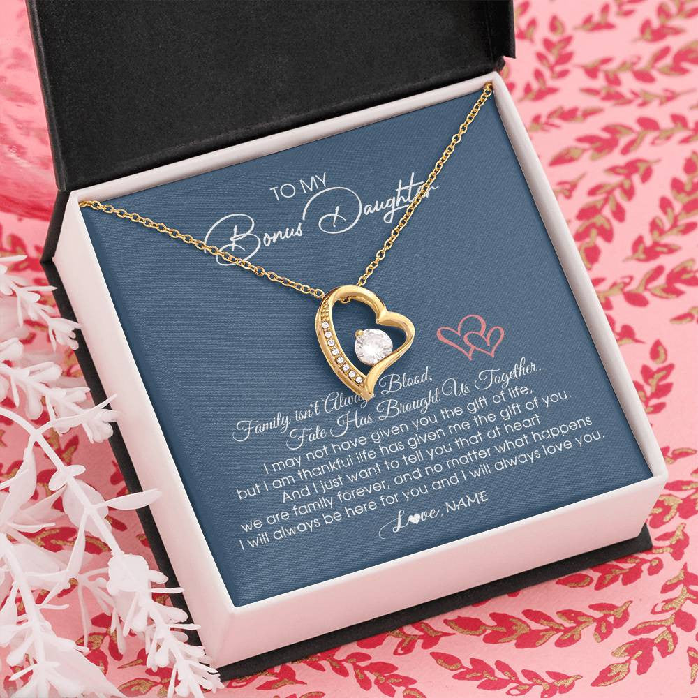 Forever Love Necklace 18K Yellow Gold Finish | Personalized To My Bonus Daughter Necklace From Mom Dad We Are Family Forever Jewelry Step Daughter Pendant Birthday Christmas Customized Gift Box Message Card | teecentury