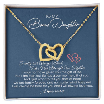 Interlocking Hearts Necklace 18K Yellow Gold Finish | Personalized To My Bonus Daughter Necklace From Mom Dad We Are Family Forever Jewelry Step Daughter Pendant Birthday Christmas Customized Gift Box Message Card | teecentury