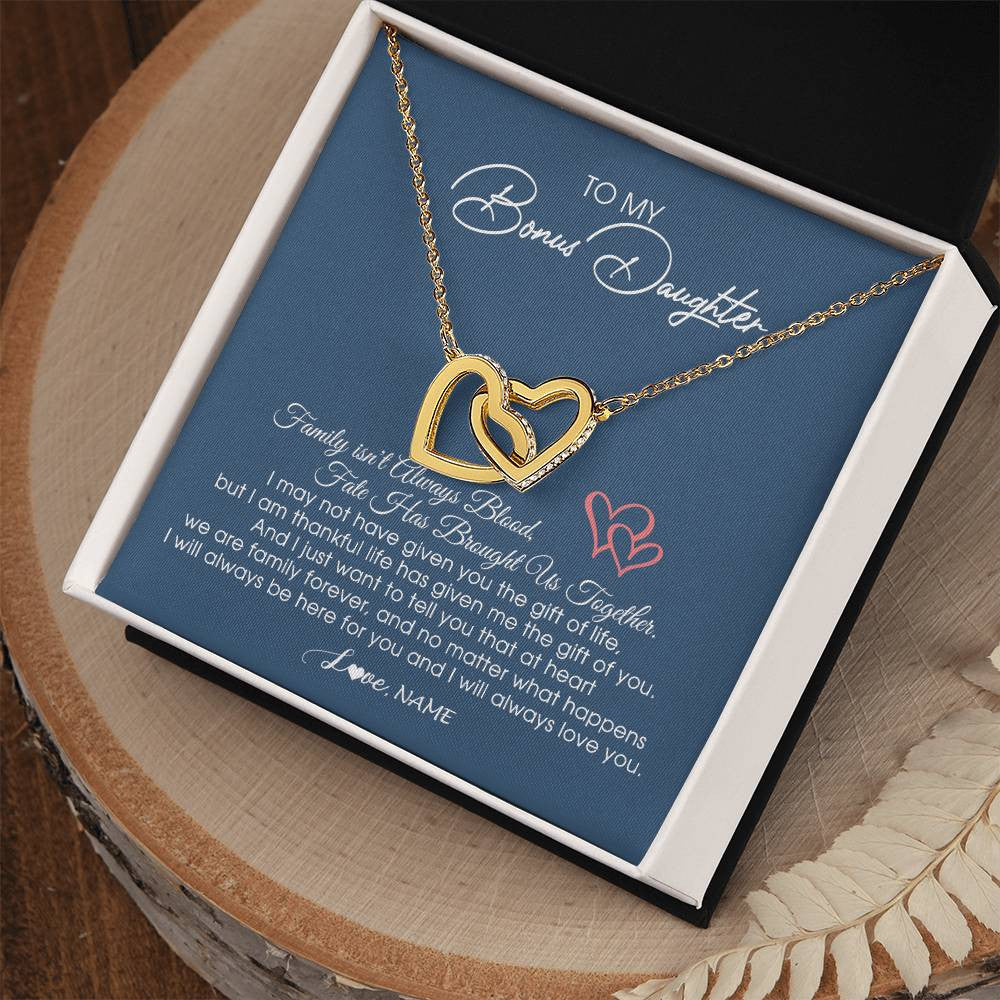 Interlocking Hearts Necklace 18K Yellow Gold Finish | Personalized To My Bonus Daughter Necklace From Mom Dad We Are Family Forever Jewelry Step Daughter Pendant Birthday Christmas Customized Gift Box Message Card | teecentury