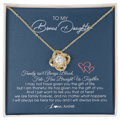 Love Knot Necklace 18K Yellow Gold Finish | Personalized To My Bonus Daughter Necklace From Mom Dad We Are Family Forever Jewelry Step Daughter Pendant Birthday Christmas Customized Gift Box Message Card | teecentury