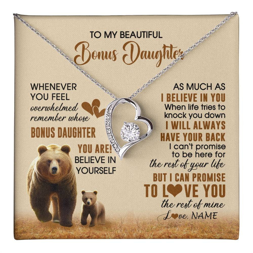 Forever Love Necklace 14K White Gold Finish | 1 | Personalized To My Bonus Daughter Necklace From StepMom Dad Whenever You Feel Bear Stepdaughter Birthday Gifts Gifts Christmas Customized Gift Box Message Card | teecentury