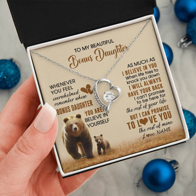 Forever Love Necklace 14K White Gold Finish | 2 | Personalized To My Bonus Daughter Necklace From StepMom Dad Whenever You Feel Bear Stepdaughter Birthday Gifts Gifts Christmas Customized Gift Box Message Card | teecentury