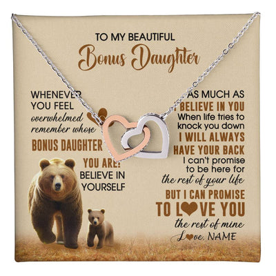 Interlocking Hearts Necklace Stainless Steel & Rose Gold Finish | 1 | Personalized To My Bonus Daughter Necklace From StepMom Dad Whenever You Feel Bear Stepdaughter Birthday Gifts Gifts Christmas Customized Gift Box Message Card | teecentury