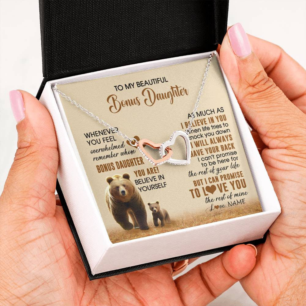 Interlocking Hearts Necklace Stainless Steel & Rose Gold Finish | 2 | Personalized To My Bonus Daughter Necklace From StepMom Dad Whenever You Feel Bear Stepdaughter Birthday Gifts Gifts Christmas Customized Gift Box Message Card | teecentury