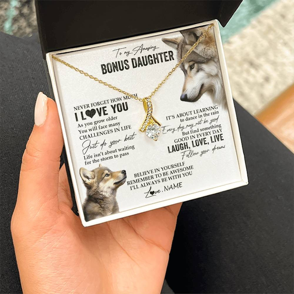 Alluring Beauty Necklace 18K Yellow Gold Finish | 2 | Personalized To My Bonus Daughter Necklace From StepMom Just Do You Best Laugh Love Live Wolf Stepdaughter Birthday Christmas Customized Gift Box Message Card | teecentury