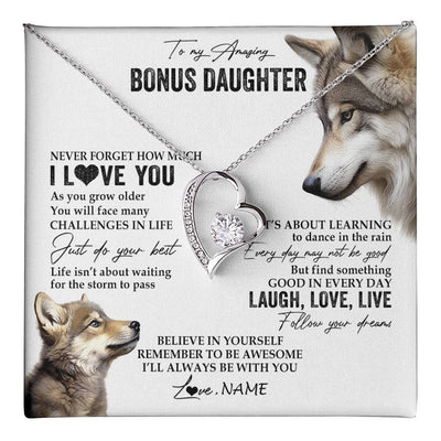 Forever Love Necklace 14K White Gold Finish | 1 | Personalized To My Bonus Daughter Necklace From StepMom Just Do You Best Laugh Love Live Wolf Stepdaughter Birthday Christmas Customized Gift Box Message Card | teecentury