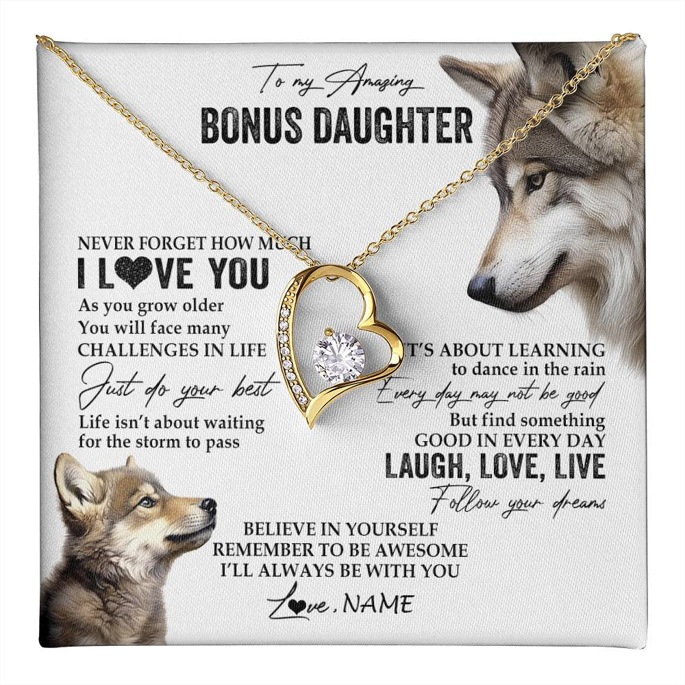 Forever Love Necklace 18K Yellow Gold Finish | 1 | Personalized To My Bonus Daughter Necklace From StepMom Just Do You Best Laugh Love Live Wolf Stepdaughter Birthday Christmas Customized Gift Box Message Card | teecentury