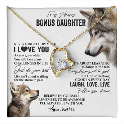 Forever Love Necklace 18K Yellow Gold Finish | 1 | Personalized To My Bonus Daughter Necklace From StepMom Just Do You Best Laugh Love Live Wolf Stepdaughter Birthday Christmas Customized Gift Box Message Card | teecentury