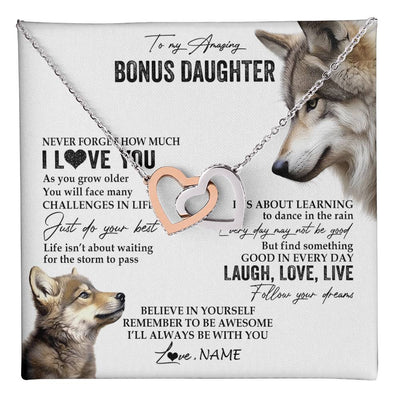 Interlocking Hearts Necklace Stainless Steel & Rose Gold Finish | 1 | Personalized To My Bonus Daughter Necklace From StepMom Just Do You Best Laugh Love Live Wolf Stepdaughter Birthday Christmas Customized Gift Box Message Card | teecentury