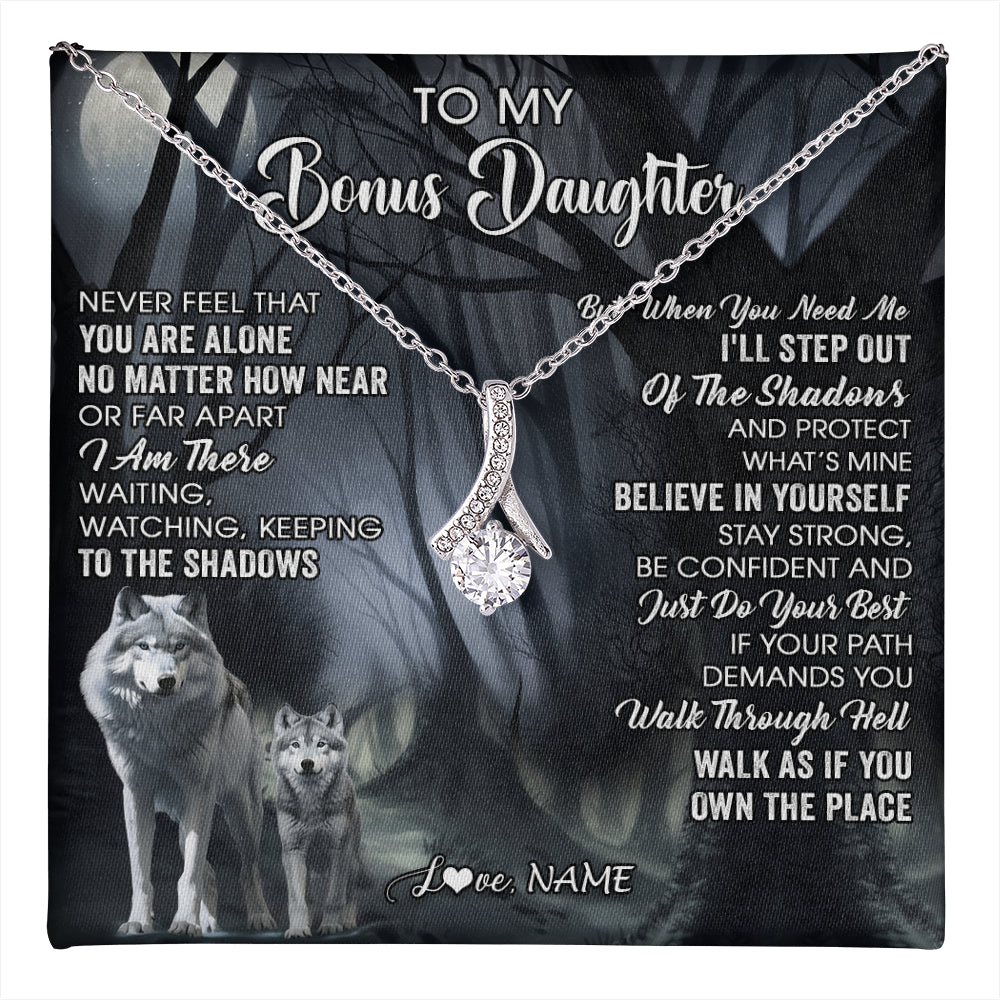 Alluring Beauty Necklace 14K White Gold Finish | 1 | Personalized To My Bonus Daughter Necklace From Step Dad Mom Never Feel That You Are Alone Wolf Birthday Jewelry Christmas Customized Gift Box Message Card | teecentury