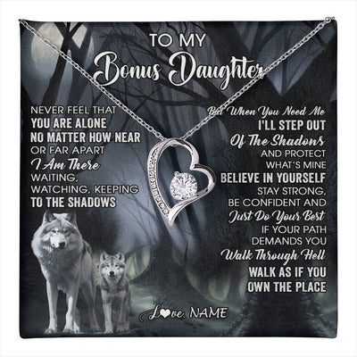 Forever Love Necklace 14K White Gold Finish | 1 | Personalized To My Bonus Daughter Necklace From Step Dad Mom Never Feel That You Are Alone Wolf Birthday Jewelry Christmas Customized Gift Box Message Card | teecentury