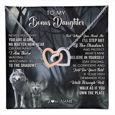 Interlocking Hearts Necklace Stainless Steel & Rose Gold Finish | 1 | Personalized To My Bonus Daughter Necklace From Step Dad Mom Never Feel That You Are Alone Wolf Birthday Jewelry Christmas Customized Gift Box Message Card | teecentury
