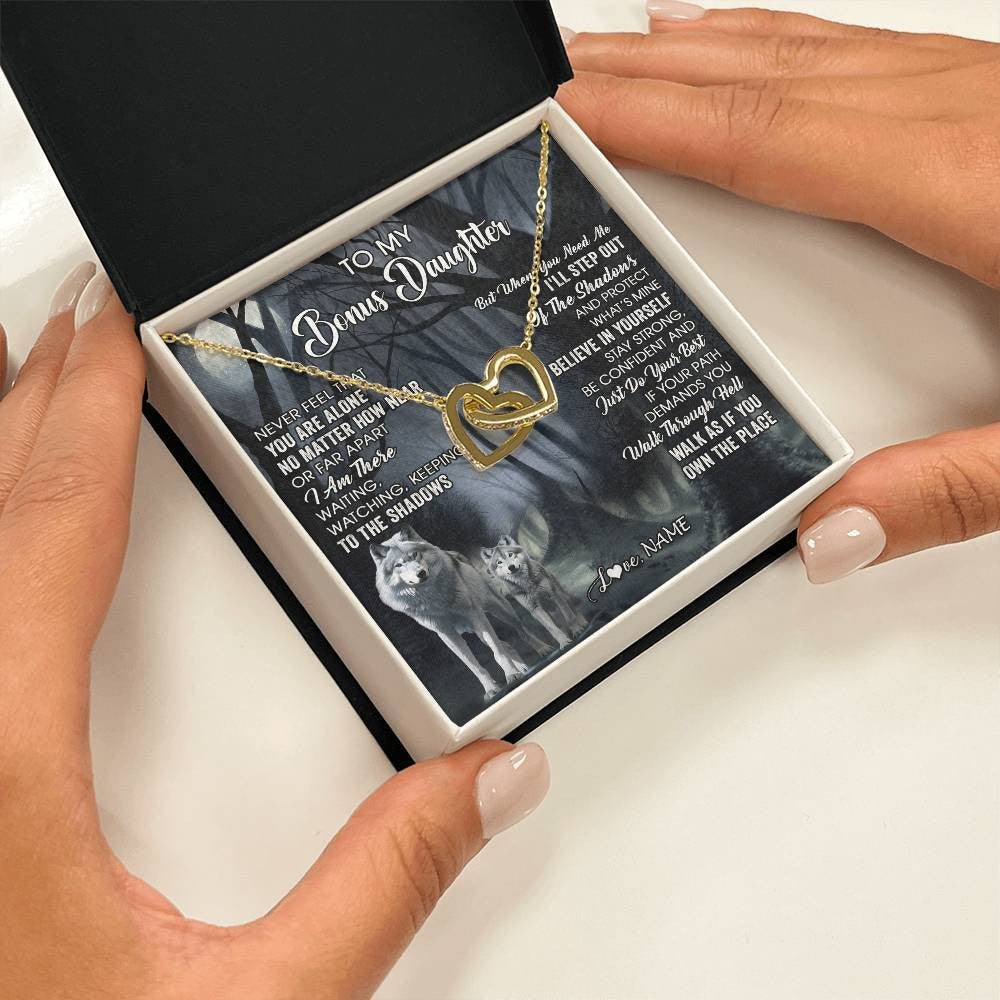 Interlocking Hearts Necklace 18K Yellow Gold Finish | 2 | Personalized To My Bonus Daughter Necklace From Step Dad Mom Never Feel That You Are Alone Wolf Birthday Jewelry Christmas Customized Gift Box Message Card | teecentury