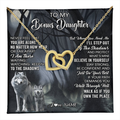 Interlocking Hearts Necklace 18K Yellow Gold Finish | 1 | Personalized To My Bonus Daughter Necklace From Step Dad Mom Never Feel That You Are Alone Wolf Birthday Jewelry Christmas Customized Gift Box Message Card | teecentury