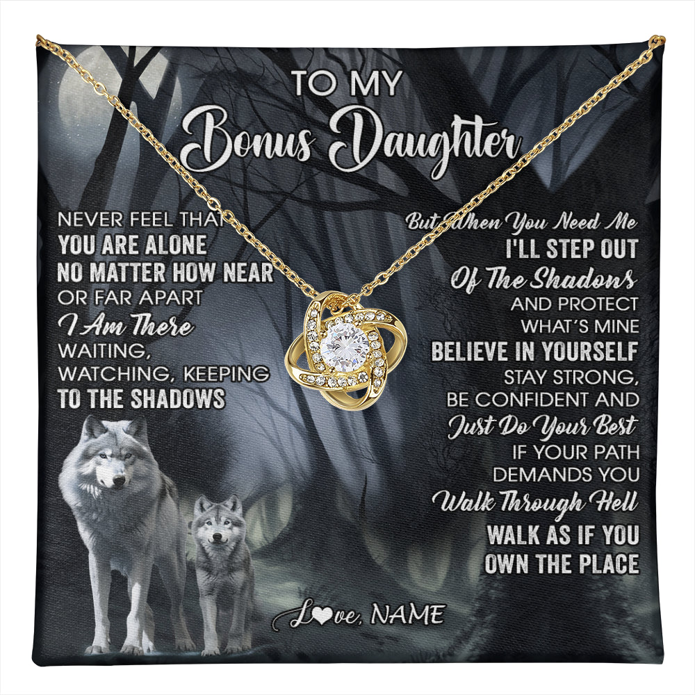 Love Knot Necklace 18K Yellow Gold Finish | 1 | Personalized To My Bonus Daughter Necklace From Step Dad Mom Never Feel That You Are Alone Wolf Birthday Jewelry Christmas Customized Gift Box Message Card | teecentury