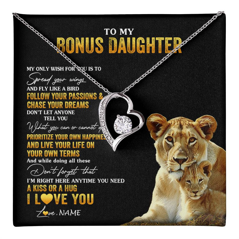 Forever Love Necklace 14K White Gold Finish | 1 | Personalized To My Bonus Daughter Necklace From Step Mom Lion My Only Wish For You Stepdaughter Birthday Graduation Christmas Customized Gift Box Message Card | teecentury