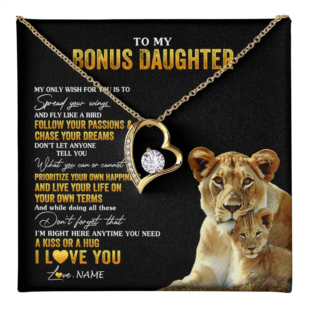 Forever Love Necklace 18K Yellow Gold Finish | 1 | Personalized To My Bonus Daughter Necklace From Step Mom Lion My Only Wish For You Stepdaughter Birthday Graduation Christmas Customized Gift Box Message Card | teecentury