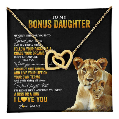 Interlocking Hearts Necklace 18K Yellow Gold Finish | 1 | Personalized To My Bonus Daughter Necklace From Step Mom Lion My Only Wish For You Stepdaughter Birthday Graduation Christmas Customized Gift Box Message Card | teecentury