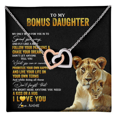 Interlocking Hearts Necklace Stainless Steel & Rose Gold Finish | 1 | Personalized To My Bonus Daughter Necklace From Step Mom Lion My Only Wish For You Stepdaughter Birthday Graduation Christmas Customized Gift Box Message Card | teecentury