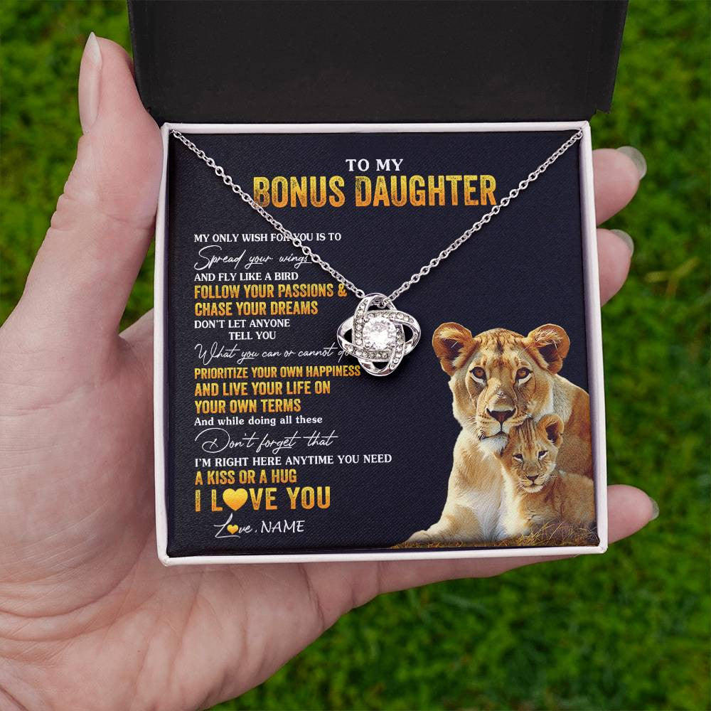 Love Knot Necklace 14K White Gold Finish | 2 | Personalized To My Bonus Daughter Necklace From Step Mom Lion My Only Wish For You Stepdaughter Birthday Graduation Christmas Customized Gift Box Message Card | teecentury