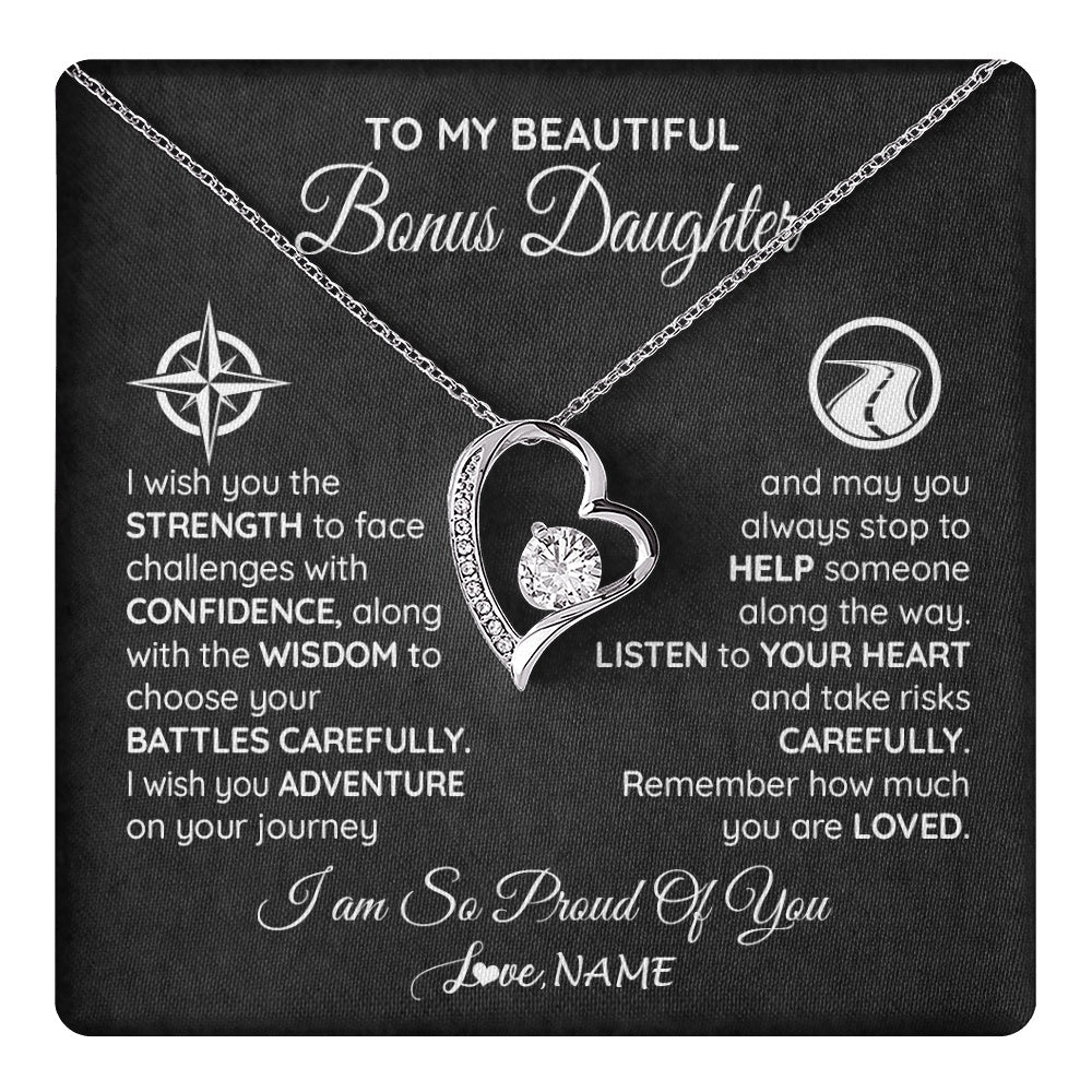 Forever Love Necklace 14K White Gold Finish | 1 | Personalized To My Bonus Daughter Necklace From Step Mom Stepdad I Wish You The Strength Birthday Graduation Inspirational Customized Gift Box Message Card | teecentury.myshopify