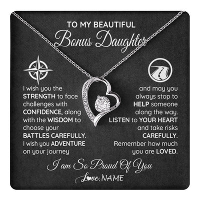 Forever Love Necklace 14K White Gold Finish | 1 | Personalized To My Bonus Daughter Necklace From Step Mom Stepdad I Wish You The Strength Birthday Graduation Inspirational Customized Gift Box Message Card | teecentury.myshopify