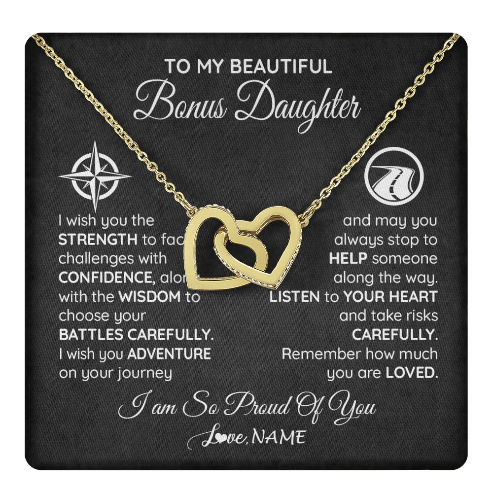 Interlocking Hearts Necklace 18K Yellow Gold Finish | 1 | Personalized To My Bonus Daughter Necklace From Step Mom Stepdad I Wish You The Strength Birthday Graduation Inspirational Customized Gift Box Message Card | teecentury.myshopify