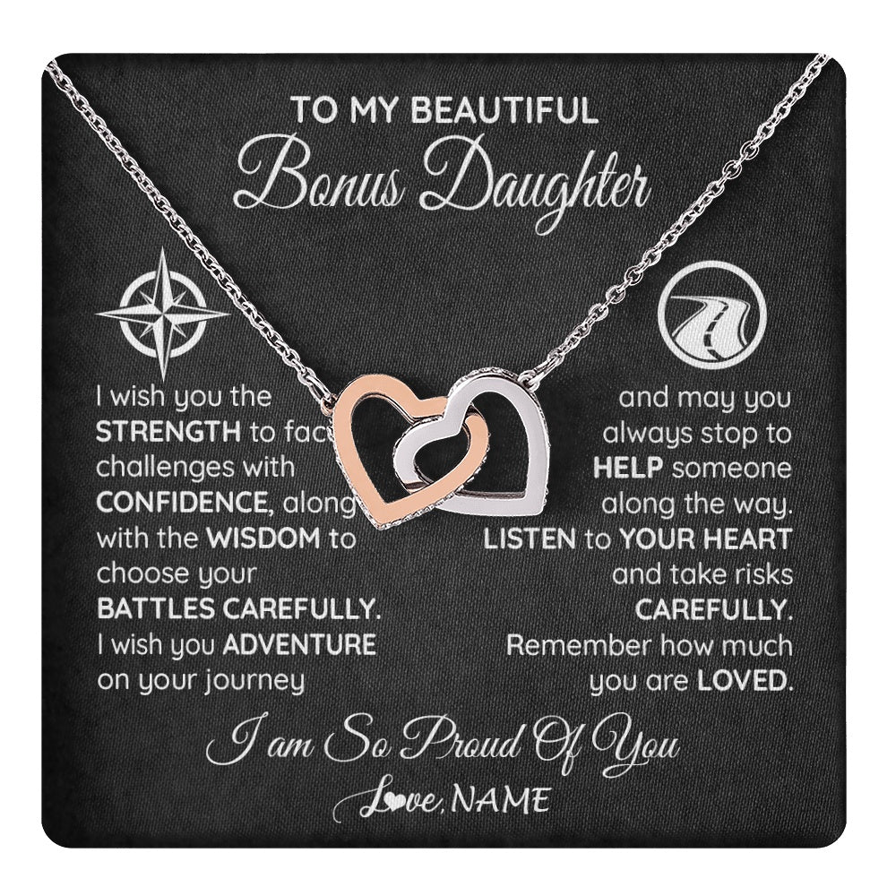 Interlocking Hearts Necklace Stainless Steel & Rose Gold Finish | 1 | Personalized To My Bonus Daughter Necklace From Step Mom Stepdad I Wish You The Strength Birthday Graduation Inspirational Customized Gift Box Message Card | teecentury.myshopify