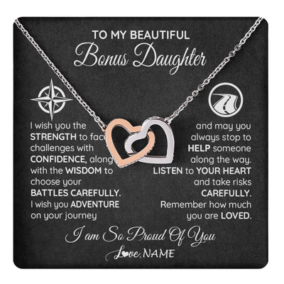 Interlocking Hearts Necklace Stainless Steel & Rose Gold Finish | 1 | Personalized To My Bonus Daughter Necklace From Step Mom Stepdad I Wish You The Strength Birthday Graduation Inspirational Customized Gift Box Message Card | teecentury.myshopify