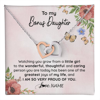 Interlocking Hearts Necklace Stainless Steel & Rose Gold Finish | 1 | Personalized To My Bonus Daughter Necklace From Step Mom Watching You Grow Stepddaughter Birthday Gifts Jewelry Christmas Customized Gift Box Message Card | teecentury