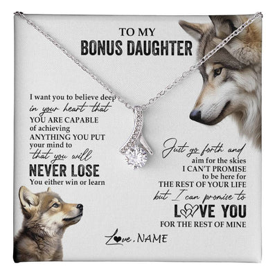 Alluring Beauty Necklace 14K White Gold Finish | 1 | Personalized To My Bonus Daughter Necklace From Step Mom You Will Never Lose Wolf Stepdaughter Birthday Graduation Christmas Customized Gift Box Message Card | teecentury