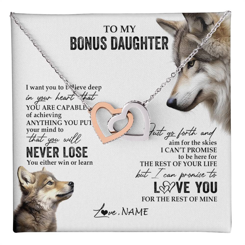 Interlocking Hearts Necklace Stainless Steel & Rose Gold Finish | 1 | Personalized To My Bonus Daughter Necklace From Step Mom You Will Never Lose Wolf Stepdaughter Birthday Graduation Christmas Customized Gift Box Message Card | teecentury