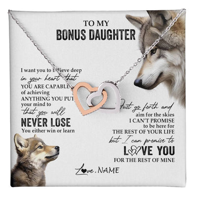 Interlocking Hearts Necklace Stainless Steel & Rose Gold Finish | 1 | Personalized To My Bonus Daughter Necklace From Step Mom You Will Never Lose Wolf Stepdaughter Birthday Graduation Christmas Customized Gift Box Message Card | teecentury