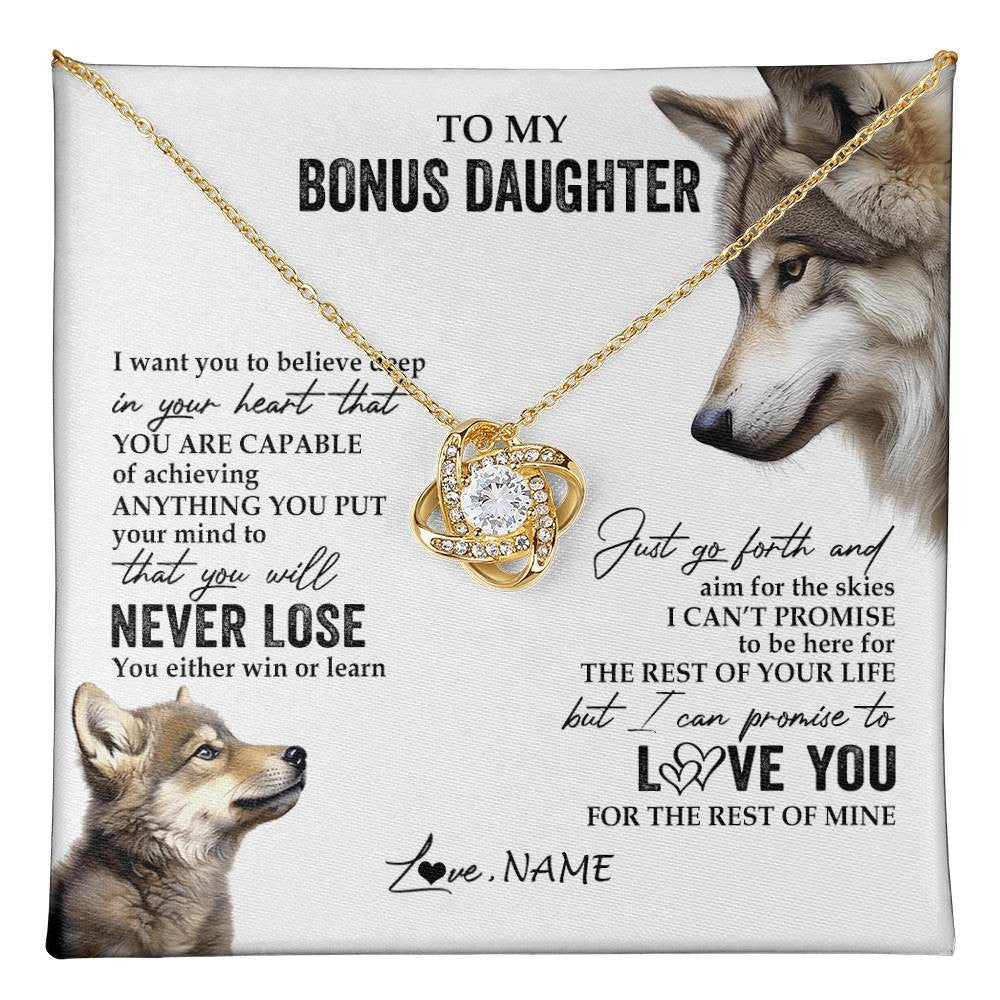 Love Knot Necklace 18K Yellow Gold Finish | 1 | Personalized To My Bonus Daughter Necklace From Step Mom You Will Never Lose Wolf Stepdaughter Birthday Graduation Christmas Customized Gift Box Message Card | teecentury