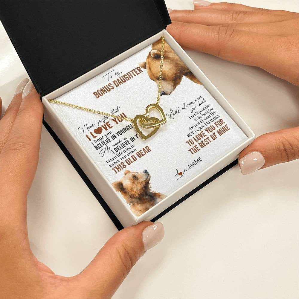 Interlocking Hearts Necklace 18K Yellow Gold Finish | 2 | Personalized To My Bonus Daughter Necklace From Step Mother Never Forget That I Love You Bear Stepdaughter Birthday Christmas Customized Gift Box Message Card | teecentury